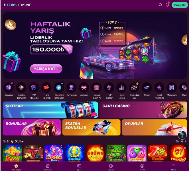 Homepage lobby view Luks Casino main lobby screen with a Weekly Race banner, quick category icons and a Top Slots row